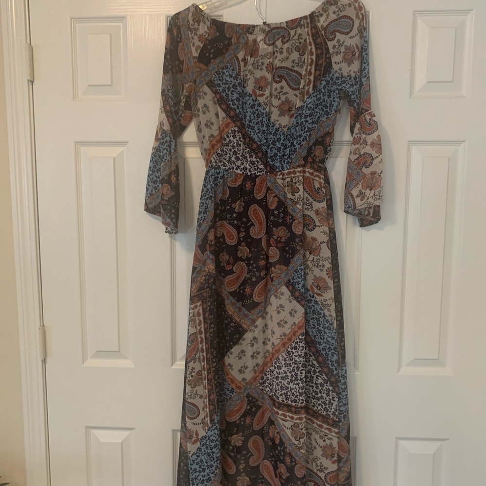 VENUS Long Sleeve Patchwork Dress - Blue, Brown, Cream